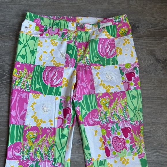 Vtg Lilly Pulitzer white label Patchwork Boot Cut Beads Rhinestones Pants 12 - Picture 3 of 11
